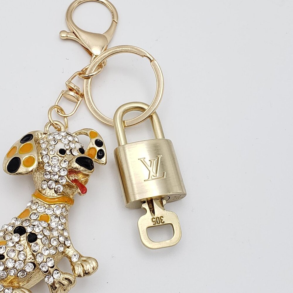 Authentic Louis Vuitton Gold Padlock & Key w/Unbranded Rhinestone Dog Keychain - Picture 8 of 9